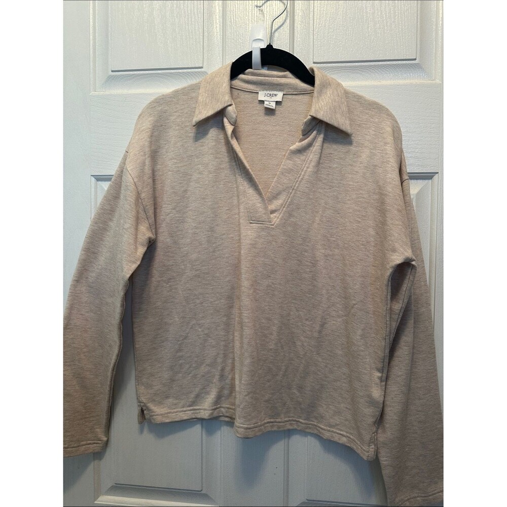 J. Crew Beige Collared V Neck Knit Pullover Thin French Terry Size Small